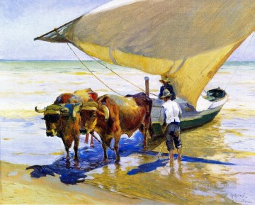 牛 雄牛 Painting - 牛を引くボート